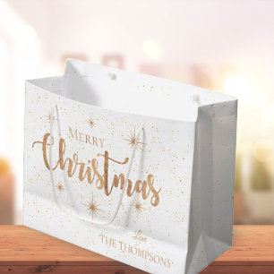 Elegant Gold Typography Stars Merry Christmas Large Gift Bag