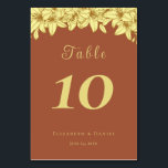 Elegant Gold Typography Terracotta Wedding Table Number<br><div class="desc">Elegant wedding table cards featuring the table number, your names, and your wedding date in beautiful gold typography on a terracotta background. The card prints on the front and back (double-sided). Items are printed exactly as they appear on your screen when you add to the cart, so personalise and add...</div>