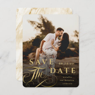 Elegant Gold Typography with Marble Back Photo Save The Date