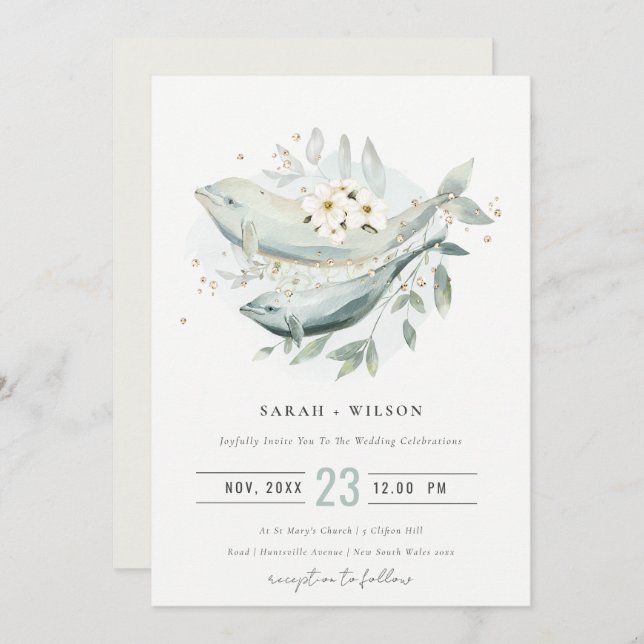 Elegant Gold Underwater Floral Fish Wedding Invite (Front/Back)