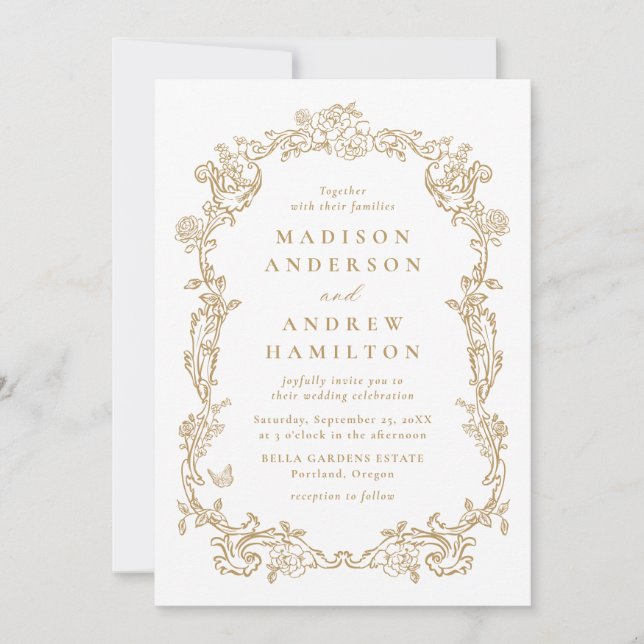 Elegant Gold Victorian Floral All in One Wedding Invitation (Front)