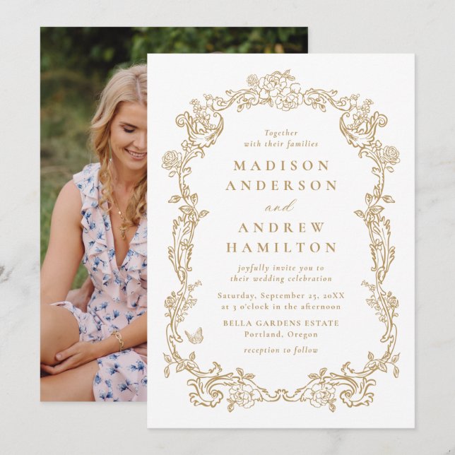 Elegant Gold Victorian Floral Photo Wedding Invitation (Front/Back)