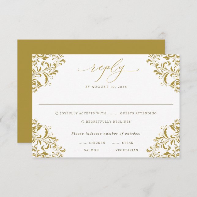 Elegant Gold Vintage Classic Wedding RSVP Card (Front/Back)