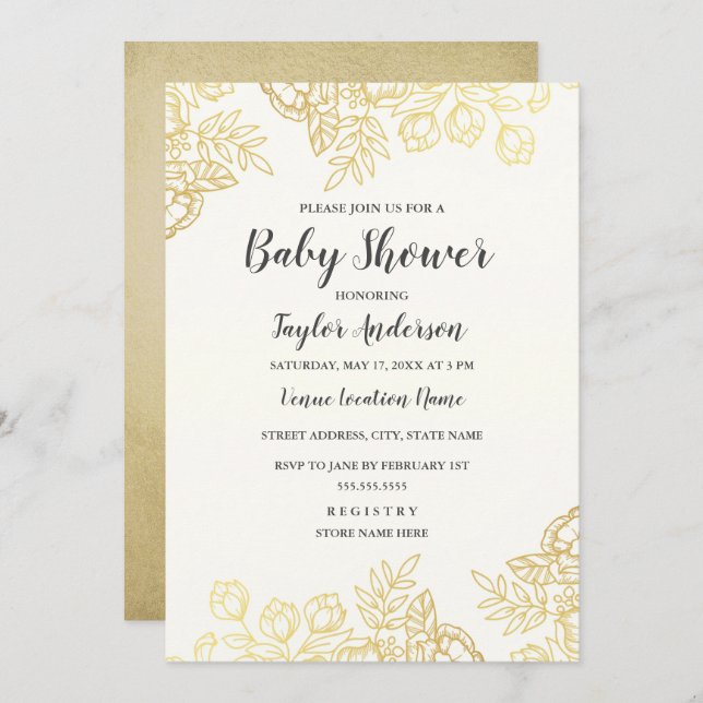 Elegant Gold Vintage Floral Baby Shower Invite (Front/Back)
