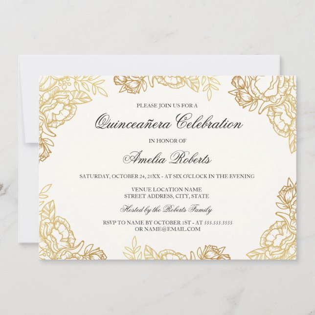 Elegant Gold Vintage Floral Quinceanera Invite (Front)