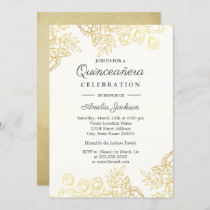Elegant Gold Vintage Floral Quinceanera Invite