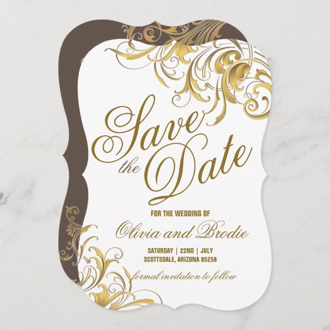 Elegant Gold Vintage Swirls Wedding Save The Date (Front/Back)