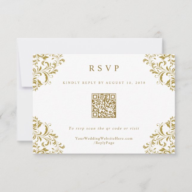 Elegant Gold Vintage Wedding QR Code RSVP Card (Front)
