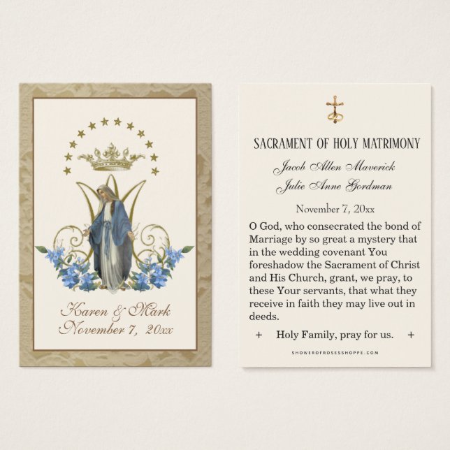 Elegant Gold Virgin Mary Wedding Holy Cards (Front & Back)