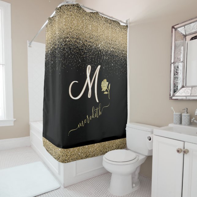 Elegant Gold w/Black Custom Monogram Name Rose Sho Shower Curtain (In Situ)
