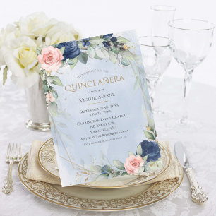 Elegant Gold Watercolor Blue Pink Quinceañera Invitation