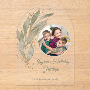 Elegant Gold Watercolor Botanical Photo Holiday Acrylic Invitations