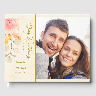 Elegant Gold Watercolor Floral Wedding Photo Guest Book
