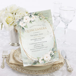 Elegant Gold Watercolor Green Quinceañera Invitation