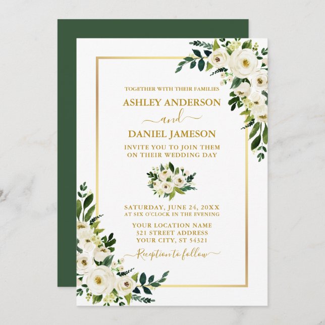 Elegant Gold Watercolor Green White Floral Wedding Invitation (Front/Back)