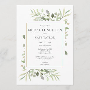 Elegant Gold Watercolor Greenery Bridal Luncheon Invitation