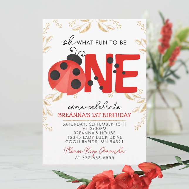 Elegant Gold Watercolor Ladybug 1st Birthday Party Invitation (Oh What Fun to Be One Gold Glitter on White with Red and Black Accents 1st Birthday Invitation)