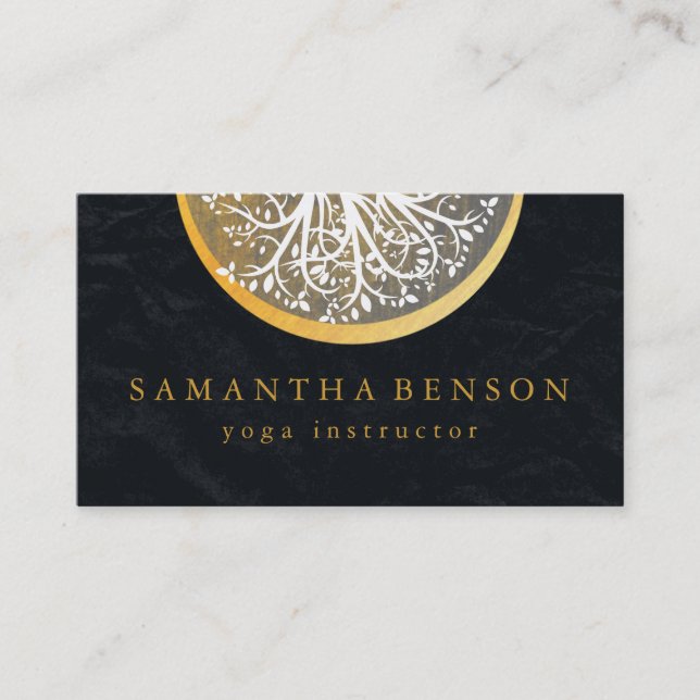 Elegant Gold Watercolor Tree Yoga and Meditation Business Card (Front)
