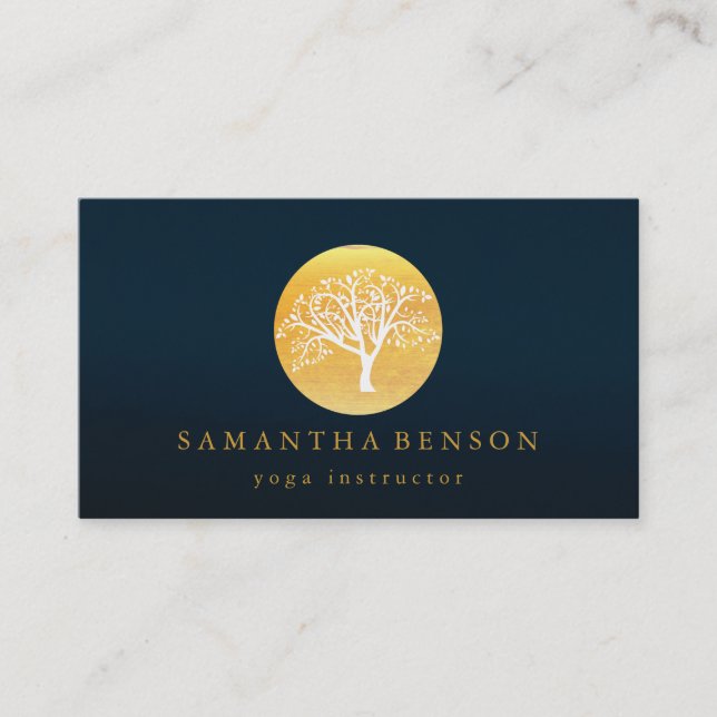 Elegant Gold Watercolor Tree Yoga and Meditation Business Card (Front)