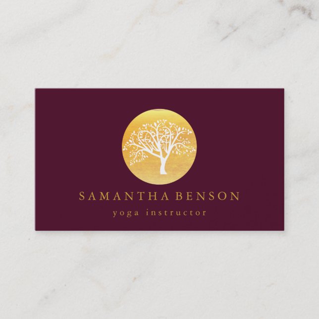 Elegant Gold Watercolor Tree Yoga and Meditation Business Card (Front)
