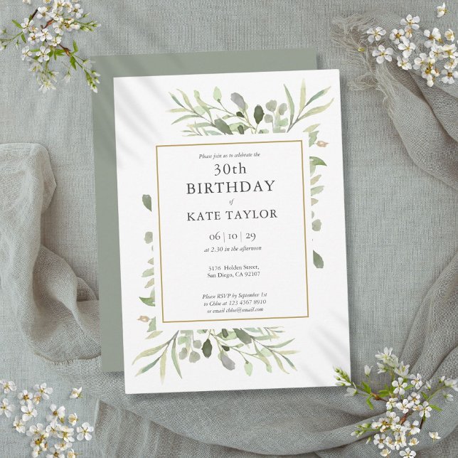 Elegant Gold Watercolour Greenery 30th Birthday Invitation (Elegant Gold Watercolour Greenery 30th Birthday Invitation)
