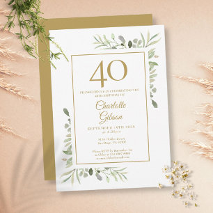 Elegant Gold Watercolour Greenery 40th Birthday Invitation