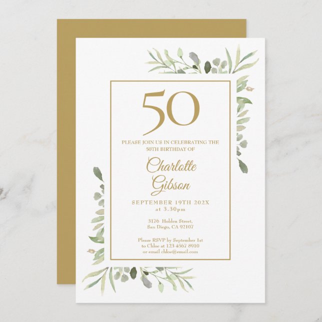 Elegant Gold Watercolour Greenery 50th Birthday Invitation (Front/Back)