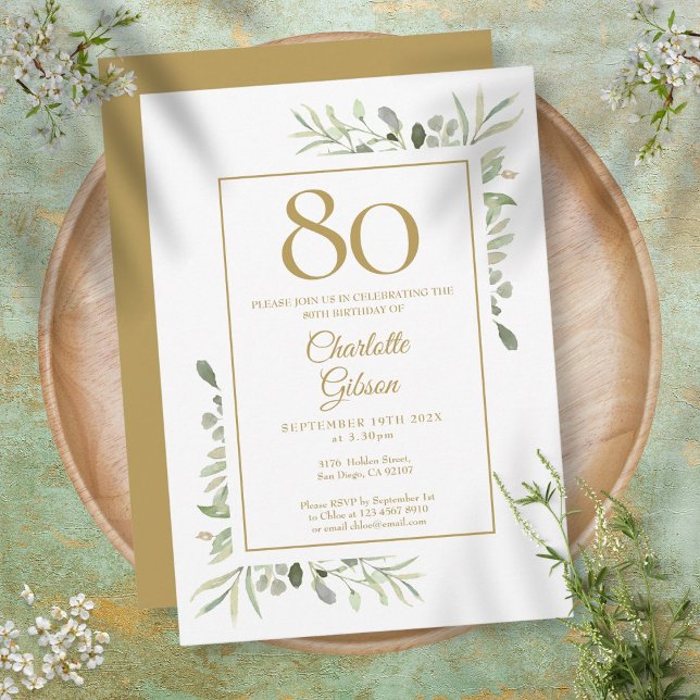 Elegant Gold Watercolour Greenery 80th Birthday Invitation (Creator Uploaded)