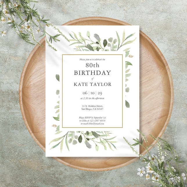 Elegant Gold Watercolour Greenery 80th Birthday Invitation (Elegant Gold Watercolour Greenery 80th Birthday Invitation)