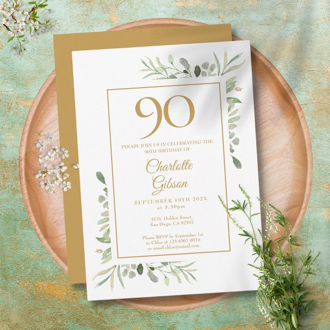 Elegant Gold Watercolour Greenery 90th Birthday Invitation (Creator Uploaded)