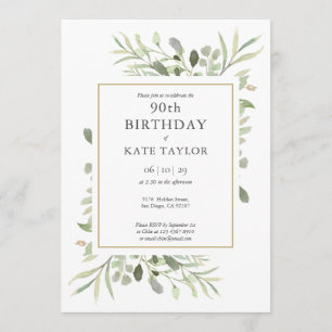 Elegant Gold Watercolour Greenery 90th Birthday Invitation