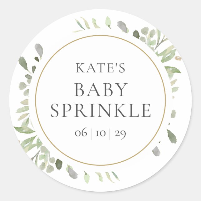 Elegant Gold Watercolour Greenery Baby Sprinkle Classic Round Sticker (Front)