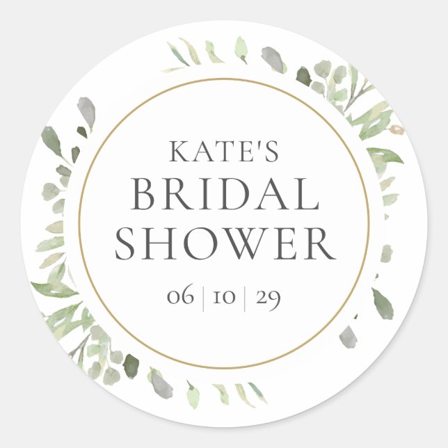 Elegant Gold Watercolour Greenery Bridal Shower Classic Round Sticker (Front)