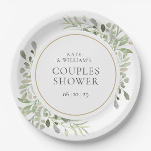 Elegant Gold Watercolour Greenery Couples Shower Paper Plate