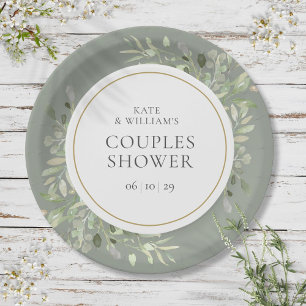 Elegant Gold Watercolour Greenery Couples Shower Paper Plate