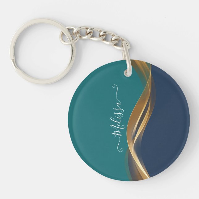 Elegant Gold Wave Blue Teal Key Ring (Front)