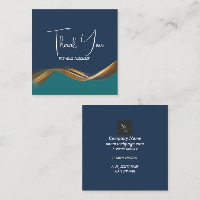 Elegant Gold Wave Blue & Teal Logo Thank You Enclosure Card (Front/Back)