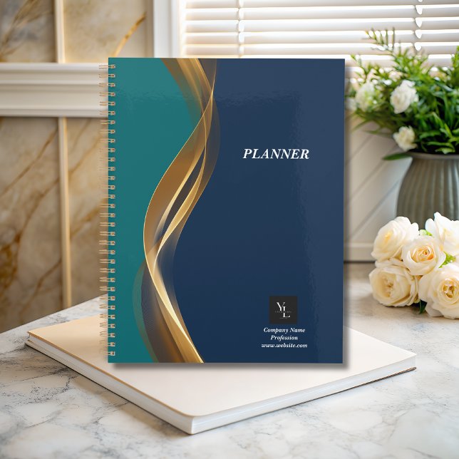 Elegant Gold Wave Blue Teal with Business Logo Planner (Creator Uploaded)