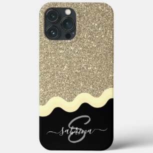 Elegant Gold Wave Glitter Monogrammed Name iPhone 13 Pro Max Case