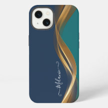 Elegant Gold Waves Blue Teal with Name