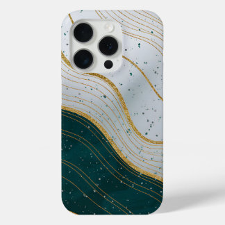 Elegant Gold Waves on Deep Green Abstract  iPhone 15 Pro Case