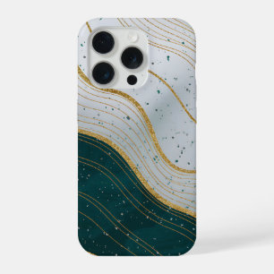 Elegant Gold Waves on Deep Green Abstract iPhone 15 Pro Case