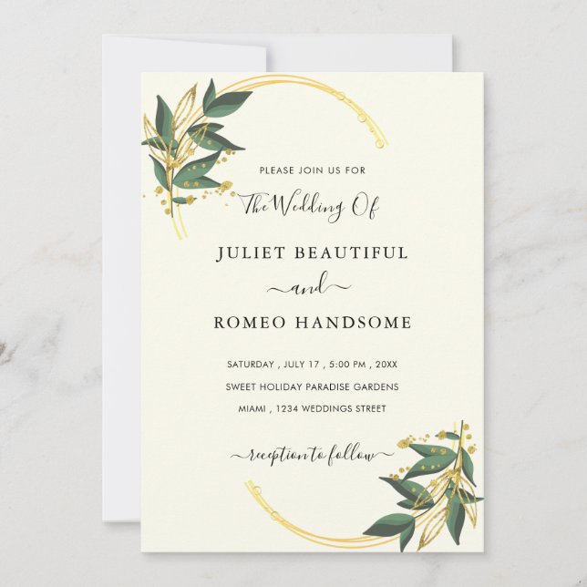 Elegant Gold Wedding Invitation with Leaves (Front)