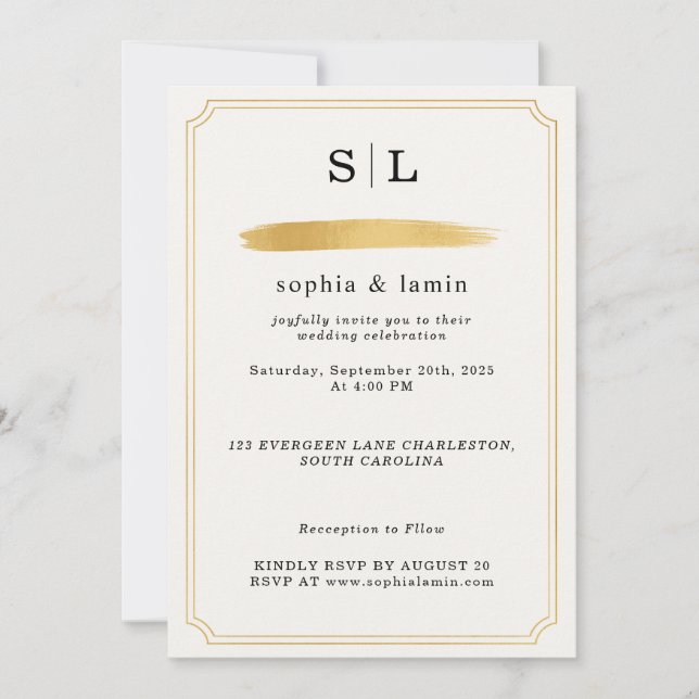 Elegant Gold Wedding Invitation with Monogram (Front)