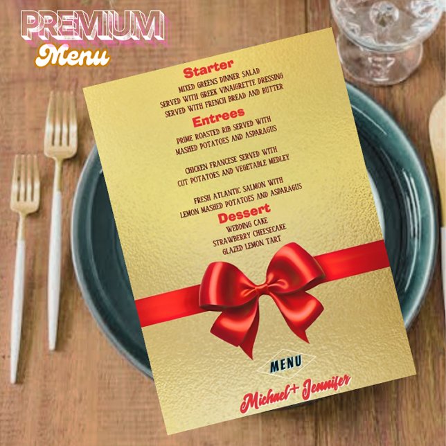 Elegant Gold Wedding Menu with Red Ribbon & Photo  (Creator Uploaded)
