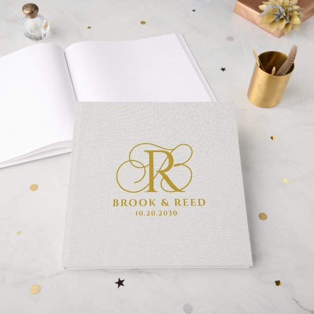 Elegant Gold Wedding Monogram Guest Book (Front Open)