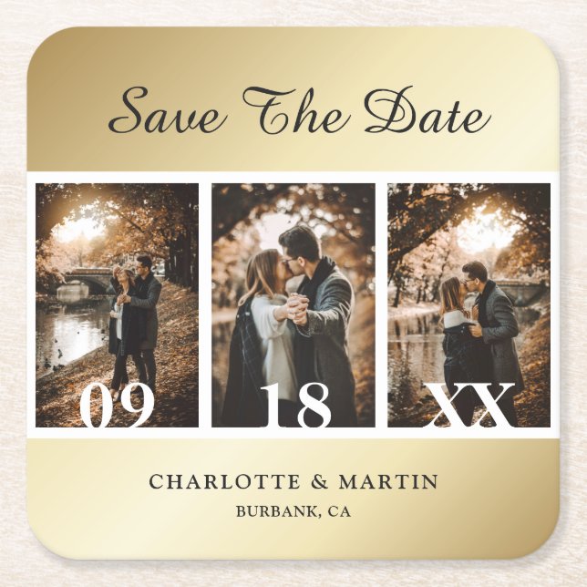 Elegant Gold Wedding Photo Save The Date Coasters (Front)