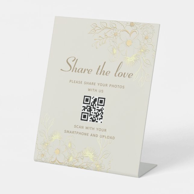 Elegant Gold Wedding QR code Pedestal Sign (Front)