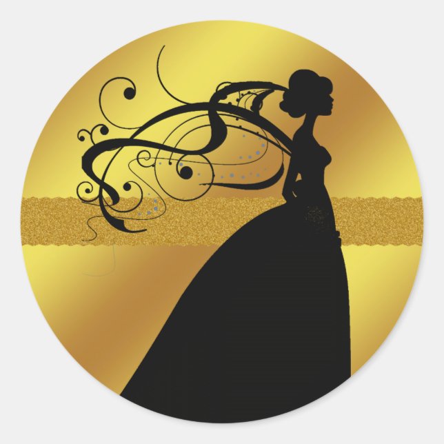 Elegant Gold Wedding Sticker with Bride (Front)