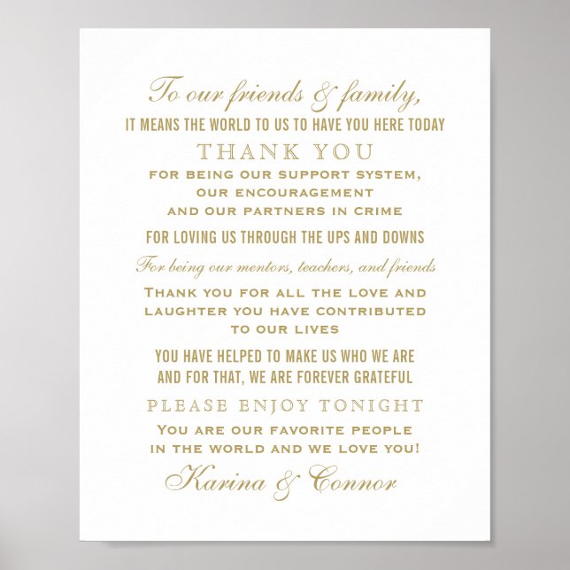 Elegant Gold Wedding Thank You Message Sign (Front)